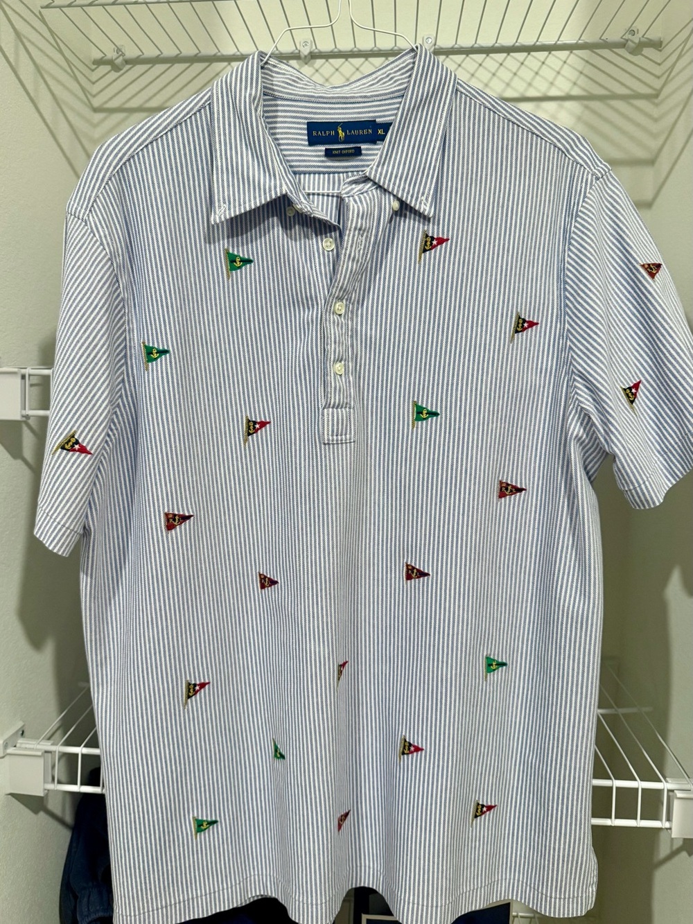 Ralph Lauren Light Blue & White Striped Polo with Nautical Pennant Embroidery